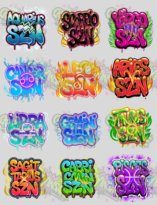 Colorful zodiac signs with 'SZN'
