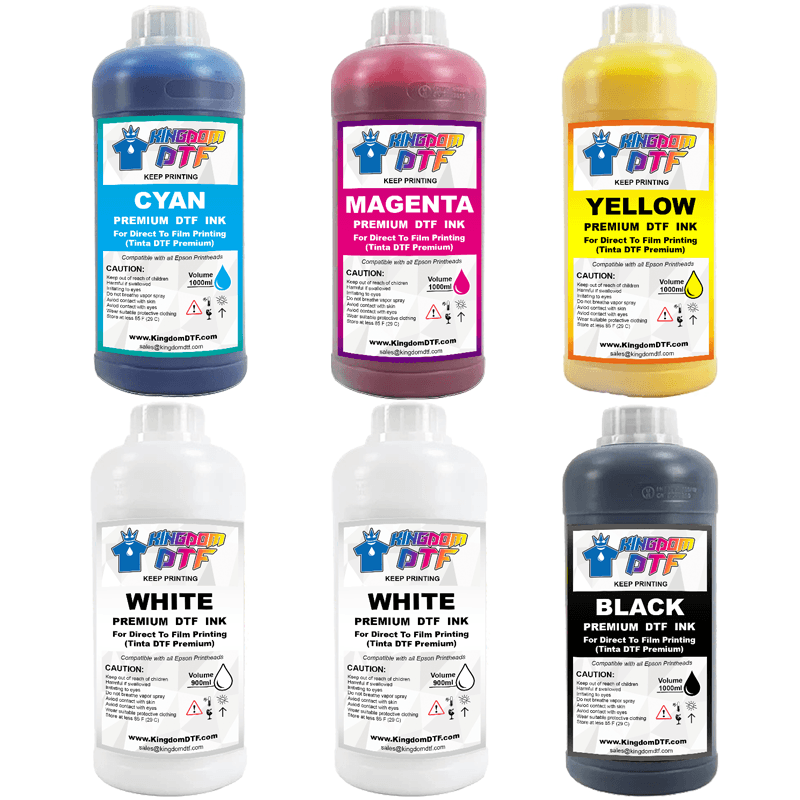 DTF Ink LITER Supply Pack (CMYK + 2 WHITE) - Best Direct To Film Inks for Desktop & Wide Format DTF Printers