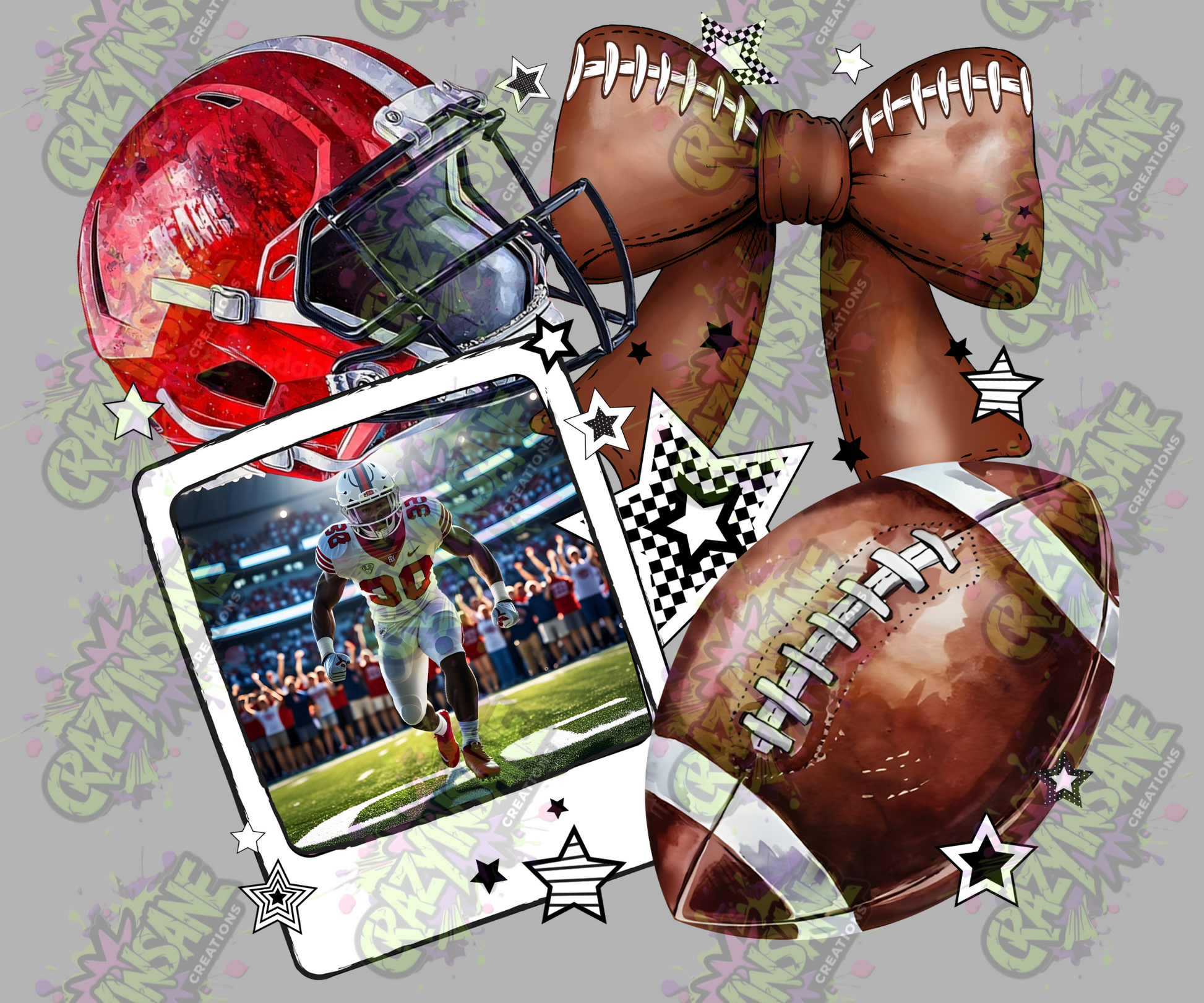 Football helmet, football, and player image on a gray background with 'Greasme' branding.