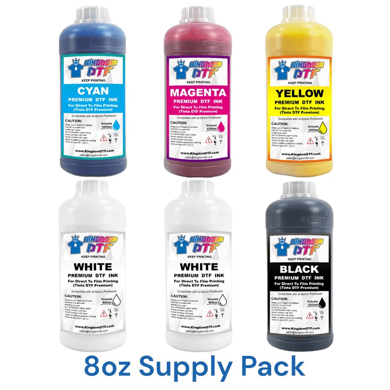 DTF Ink 8oz Supply Pack (CMYK + 2 WHITE) - Best Direct To Film Inks for Desktop & Wide Format DTF Printers