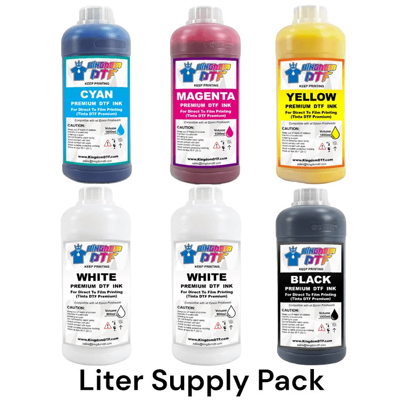 DTF Ink LITER Supply Pack (CMYK + 2 WHITE) - Best Direct To Film Inks for Desktop & Wide Format DTF Printers